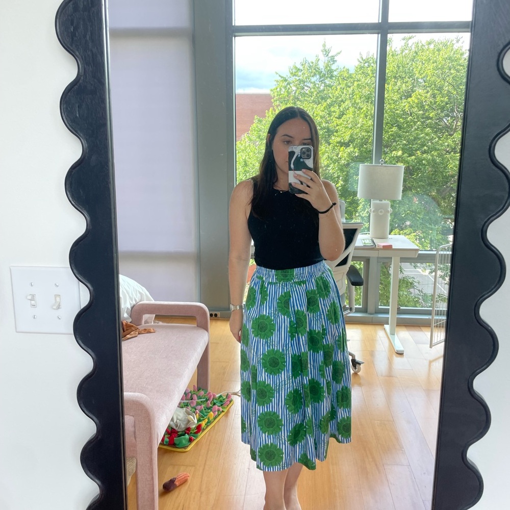 Green Pleated A-Line Midi Skirt